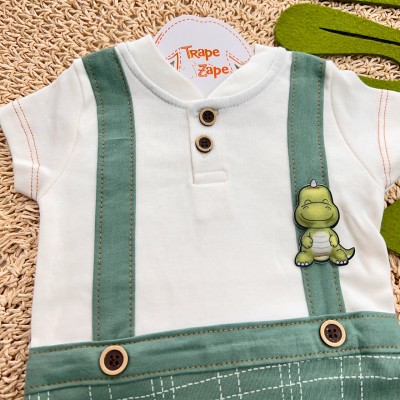 Macaquinho com Suspensório de Dino - Off White e Verde